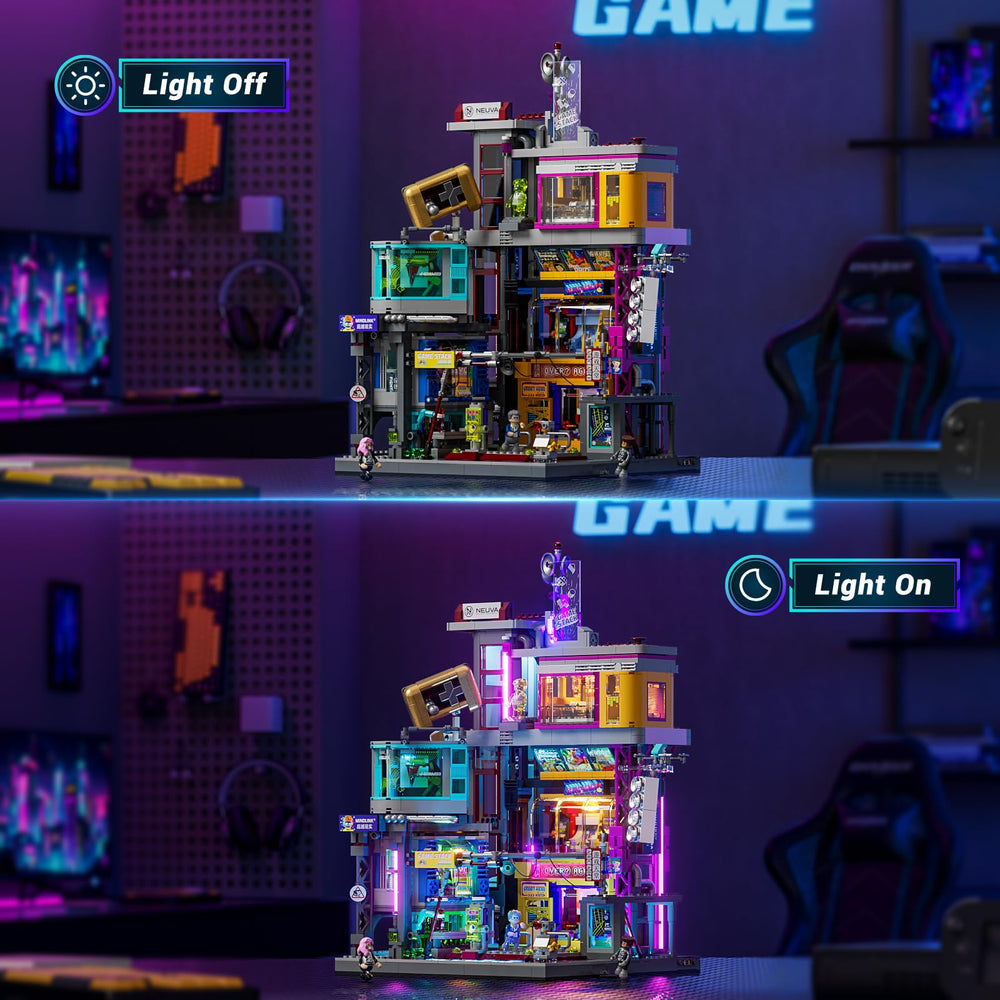 Lumibricks Cyberpunk vertical arcade tower creates a dramatic neon city display.