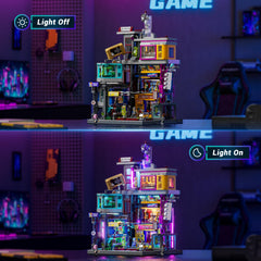 Lumibricks Cyberpunk vertical arcade tower creates a dramatic neon city display.