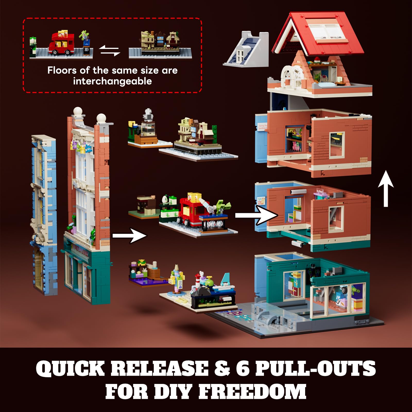 Lumibricks dollhouse interior revealed with detachable facade for easy access and play.