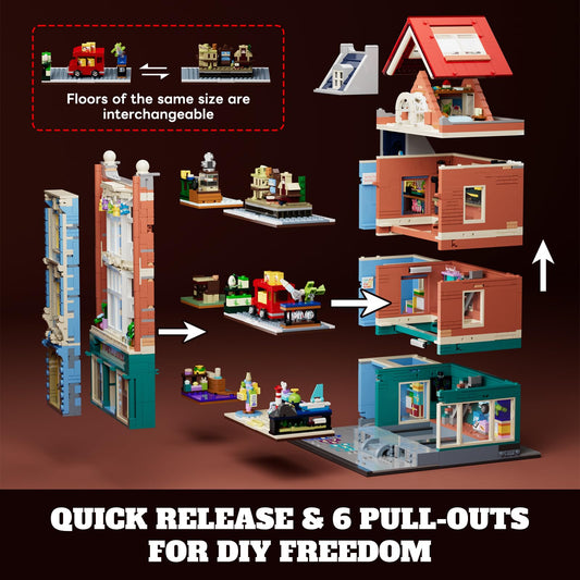 Lumibricks dollhouse interior revealed with detachable facade for easy access and play.