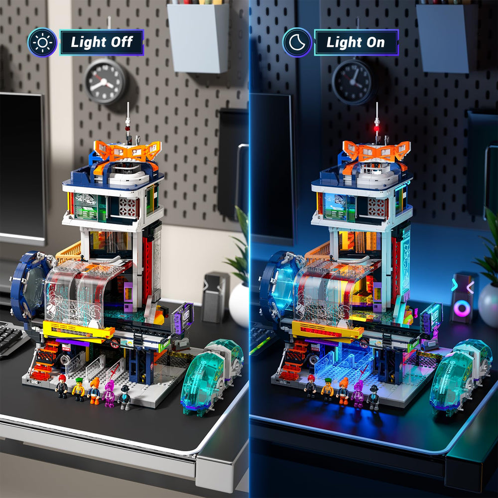 Lumibricks endless train tracks illusion with dual mirrors and LED depth.