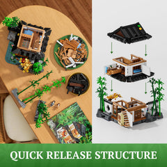 Lumibricks golden maple tree with bamboo accents creates serene garden vibe.