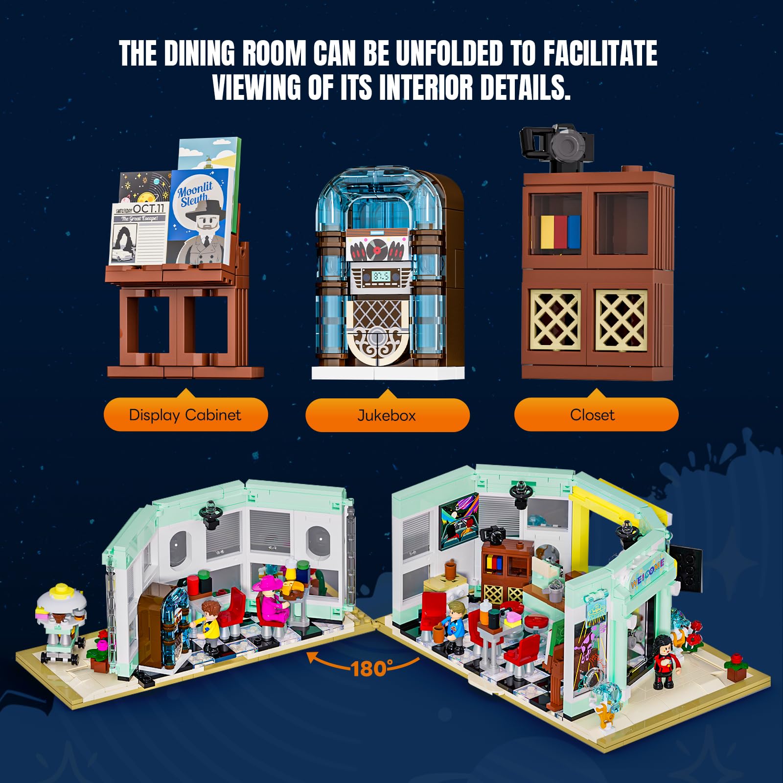 Lumibricks Interstellar Diner bar counter creates authentic drive-in vibes.