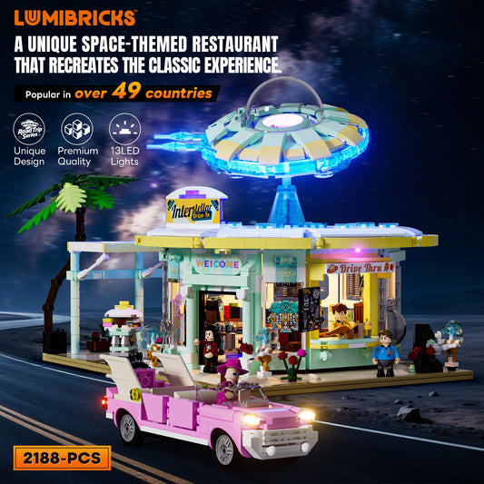 Lumibricks Interstellar Diner interior dining area with detailed seating for immersive display.