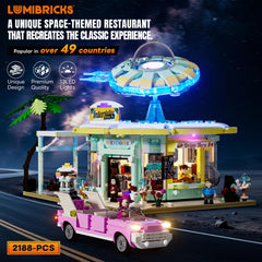 Lumibricks Interstellar Diner interior dining area with detailed seating for immersive display.