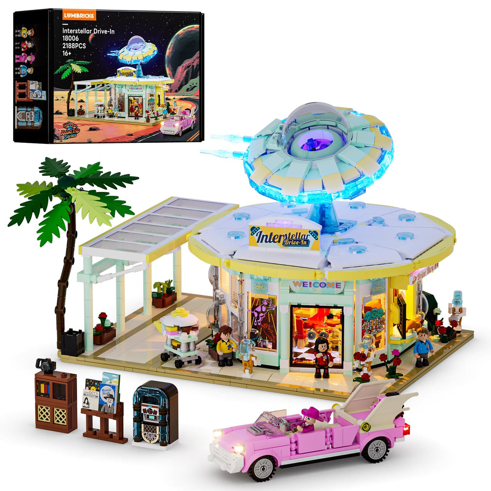 Lumibricks Interstellar Diner rooftop sign glowing blue, enhancing retro-futuristic ambiance.