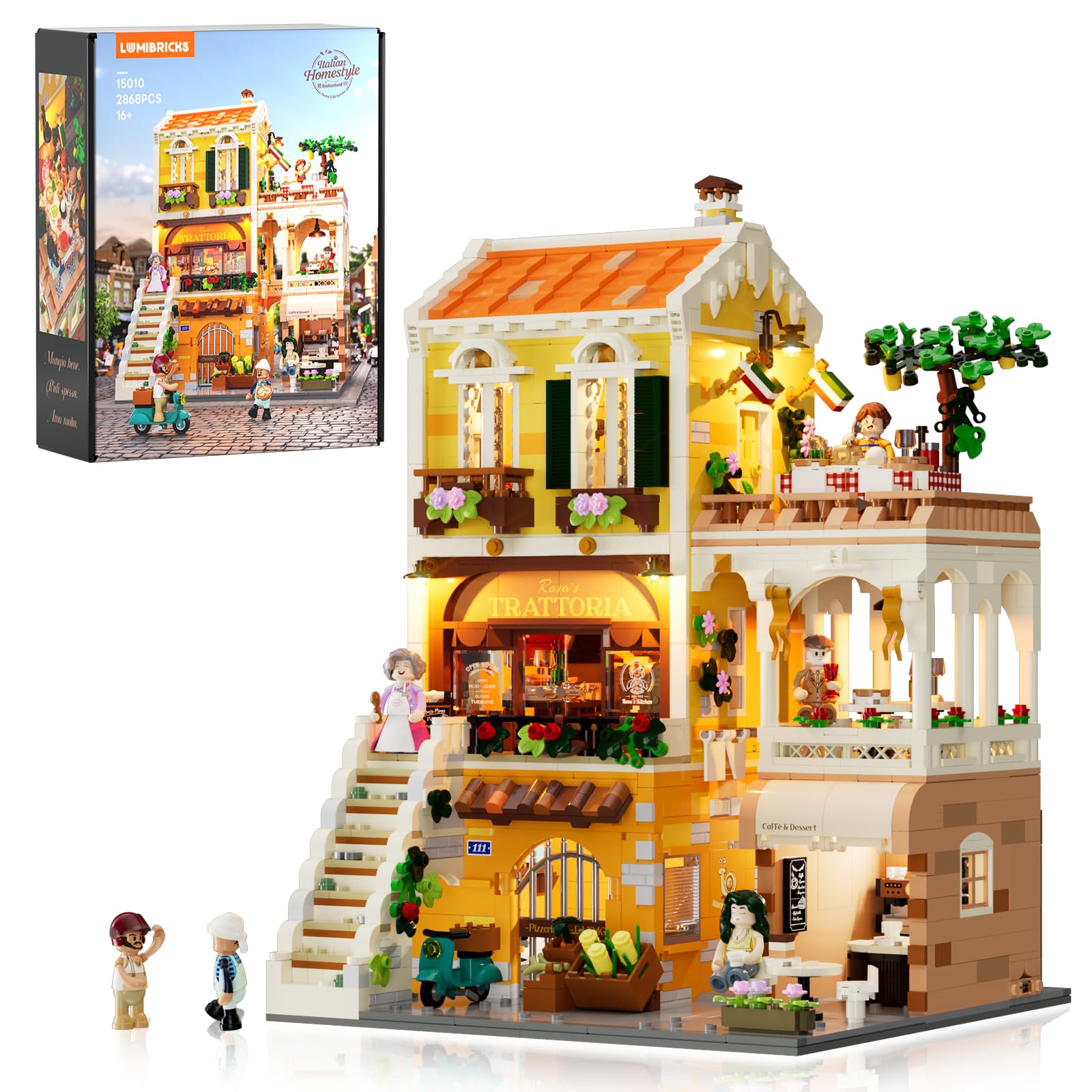 Lumibricks Italian trattoria-front facade detail for imaginative town-building play