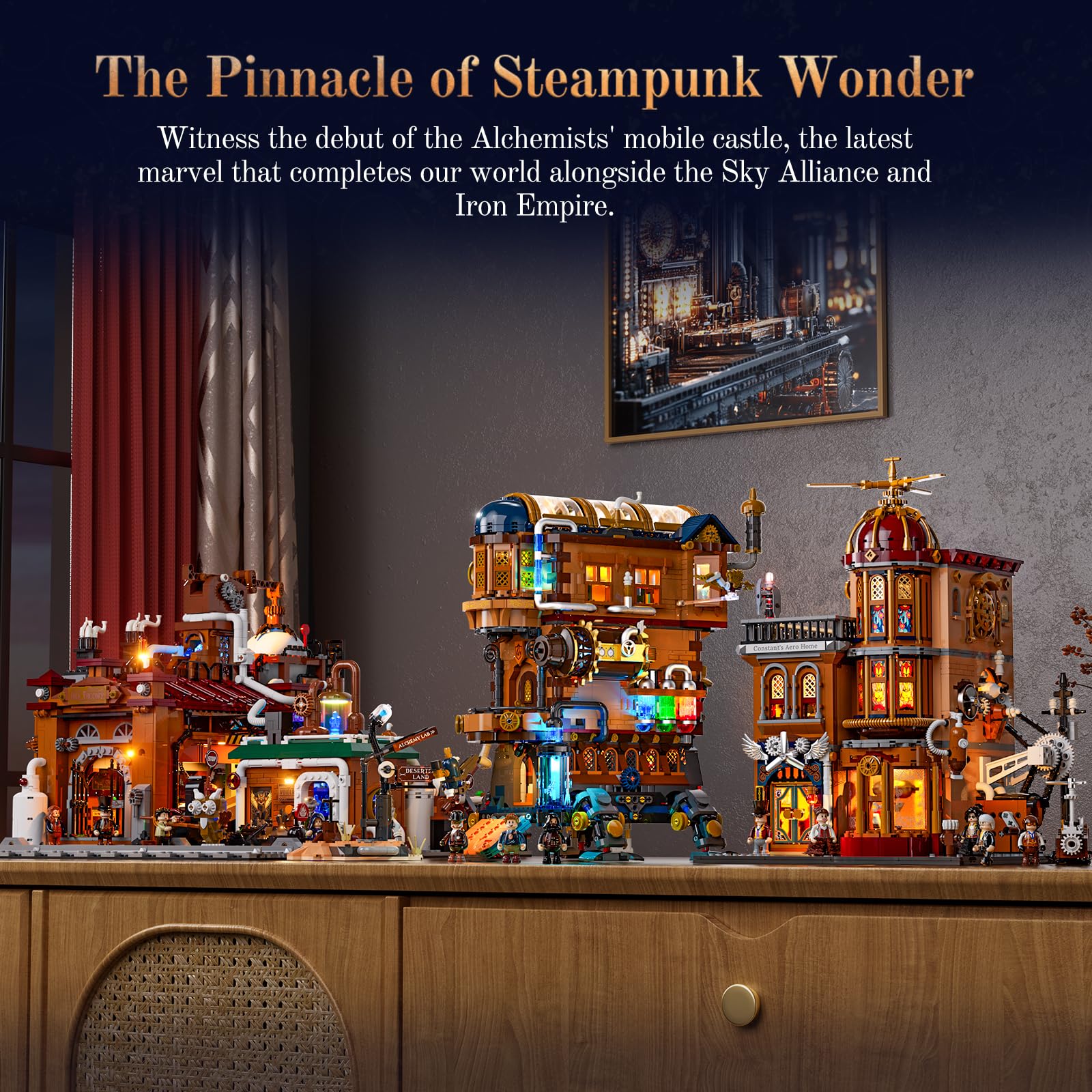 Lumibricks Mecha-Alchemist Moving Castle assembled display serves as a bold centerpiece for steampunk collections