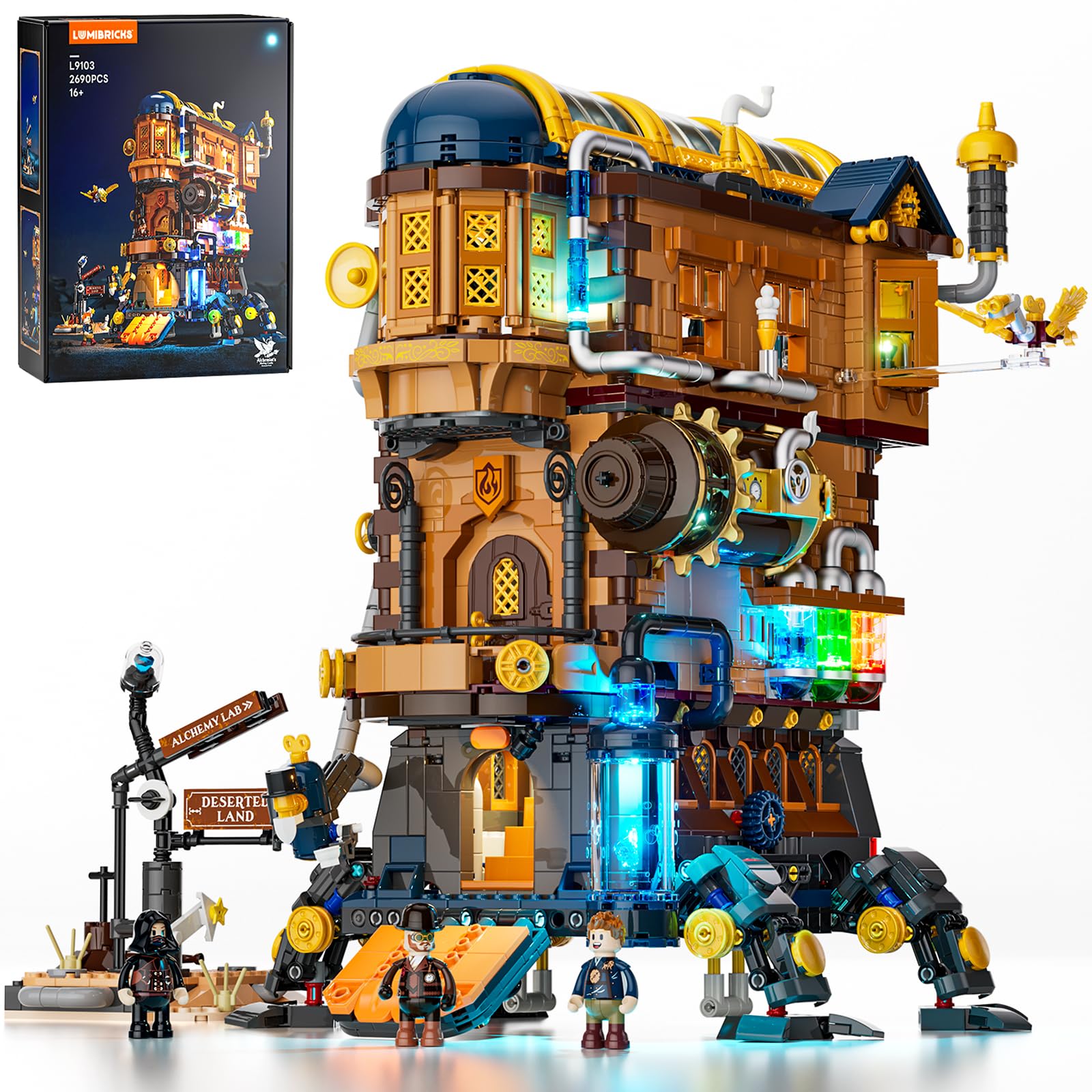 Lumibricks Mecha-Alchemist Moving Castle front view shows intricate gears for a striking desk display