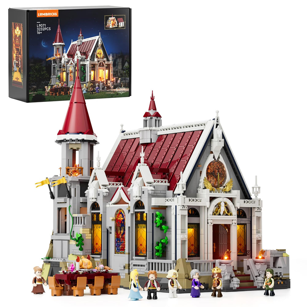 Lumibricks medieval castle banquet hall lighting highlights stained glass for dramatic diorama scenes.