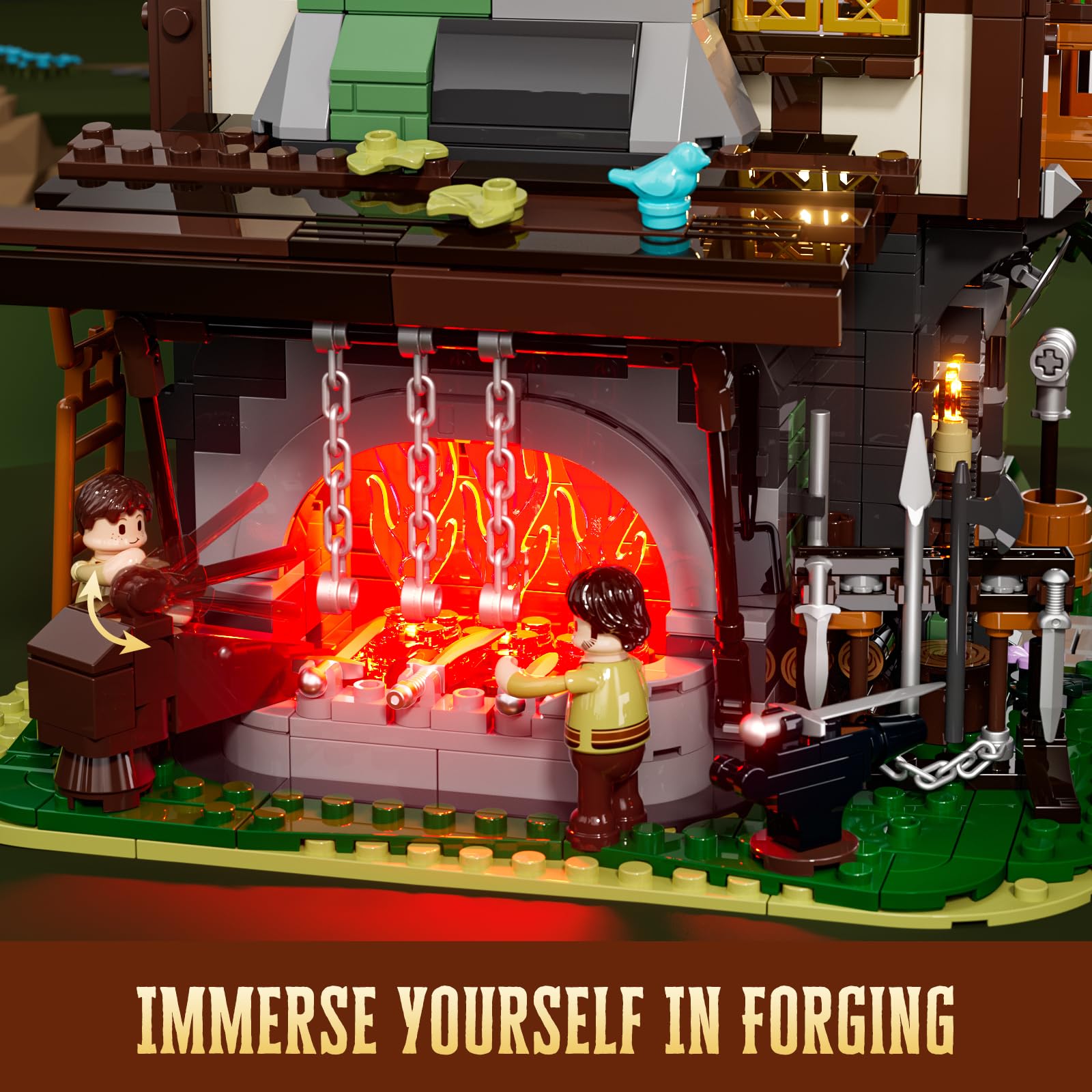 Lumibricks medieval-forge-house chimney and roof under warm illumination