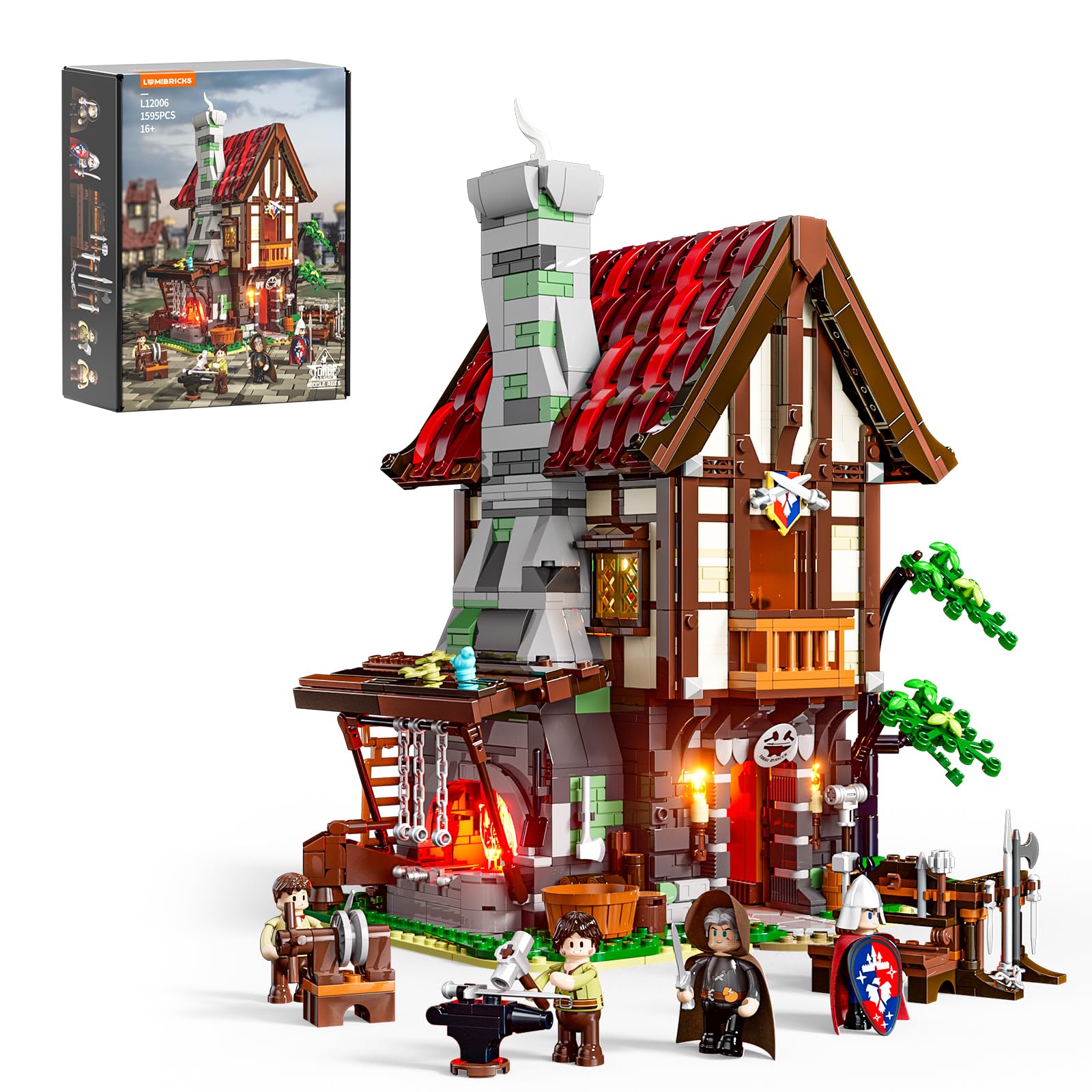 Lumibricks medieval-forge-house furnace with glowing lights for dramatic display