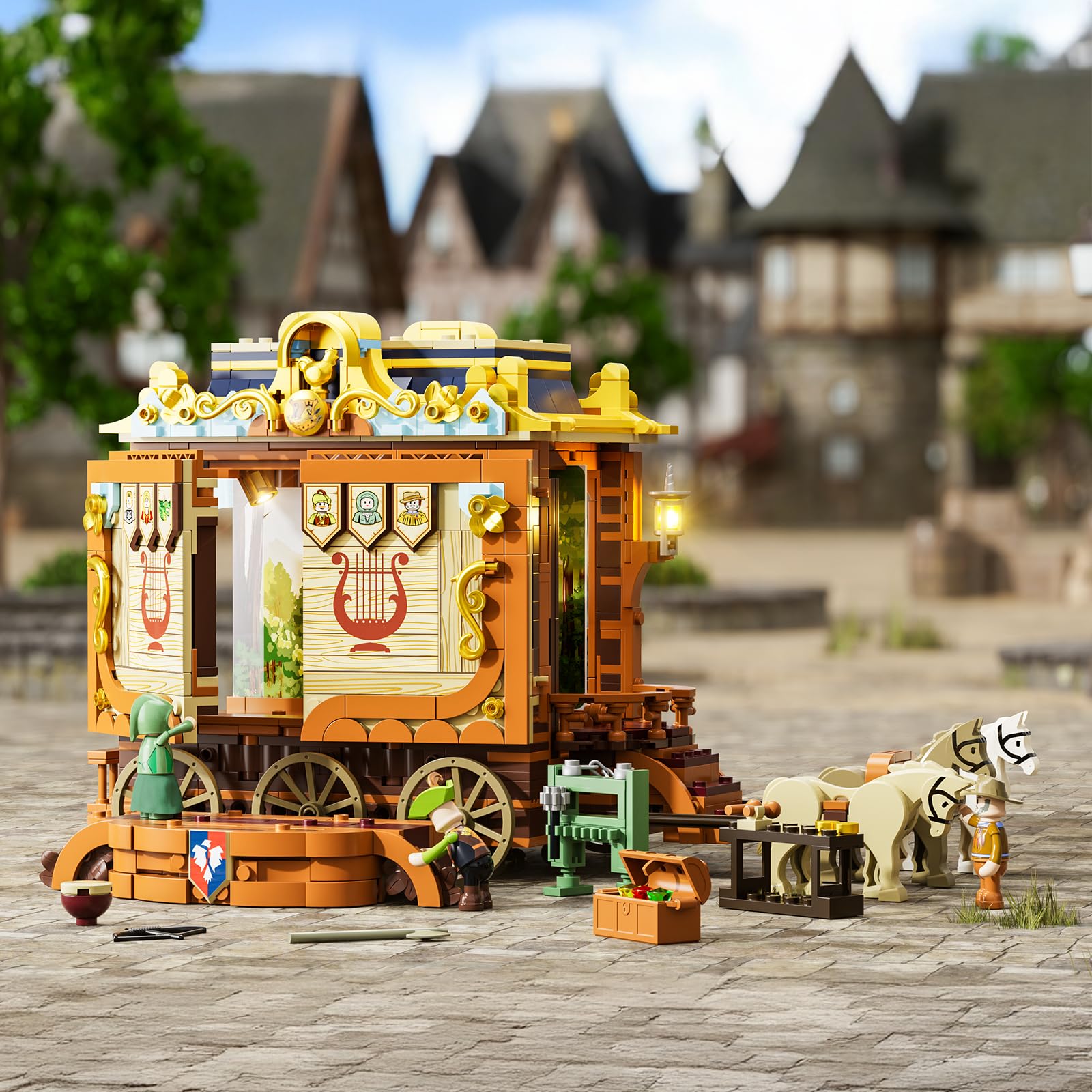 Lumibricks Medieval Troupe Carriage interior with foldable walls for scene changes