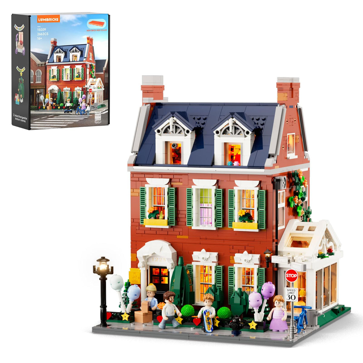 Lumibricks Redbrick Row House exterior lit at night for display
