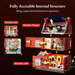 Lumibricks Redbrick Row House kitchen area glow enhances playful diorama setup