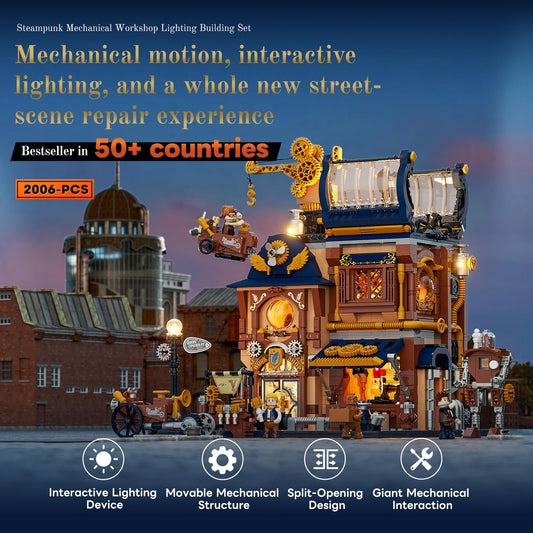 Lumibricks Sky-Lane Workbench detail highlights intricate gears for dioramas.