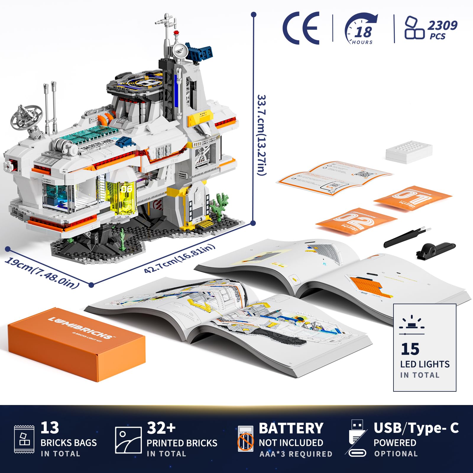 Lumibricks Space Bounty Hub elevator movement enables dynamic play moments.