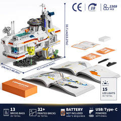 Lumibricks Space Bounty Hub elevator movement enables dynamic play moments.