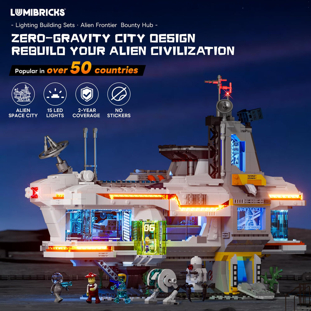Lumibricks Space Bounty Hub exterior LED glow highlights the building’s design for dioramas.