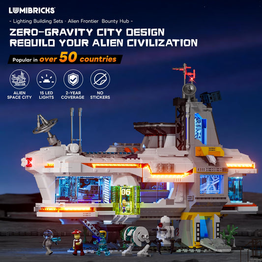 Lumibricks Space Bounty Hub exterior LED glow highlights the building’s design for dioramas.