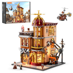 Lumibricks Steampunk Flying Club assembly with intricate gears for immersive display.