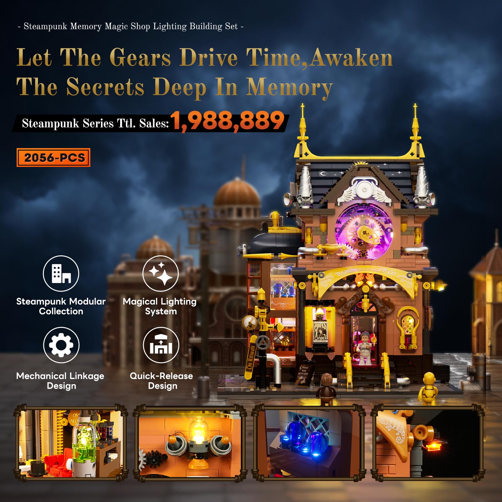 Lumibricks Memory Magic Shop center module reveals clock hand interaction on demand.