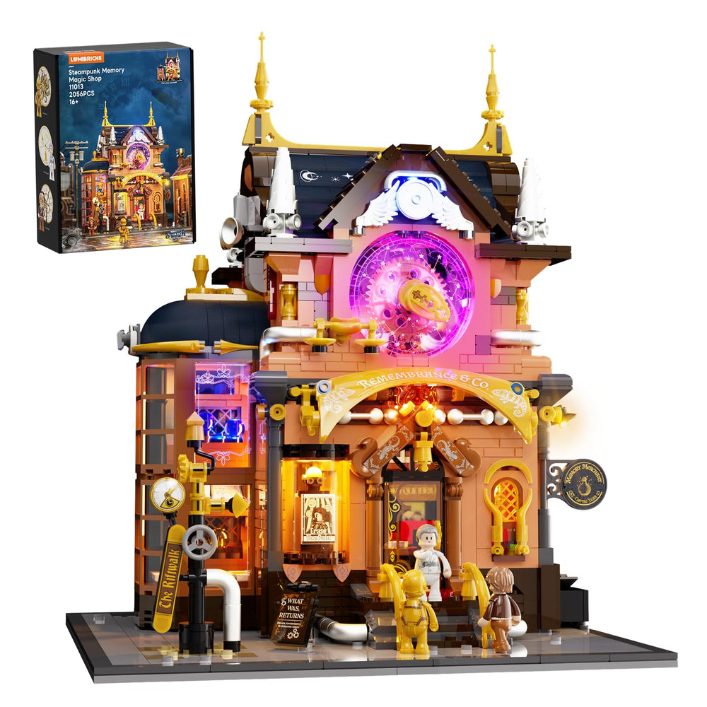 Lumibricks Steampunk Memory Magic Shop facade showcases Victorian-inspired design and gears for display.