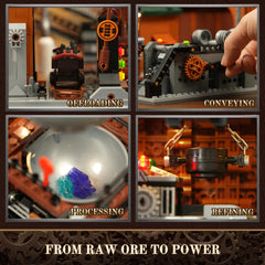 Lumibricks Steampunk Ore Factory conveyor belt in motion for dynamic display.