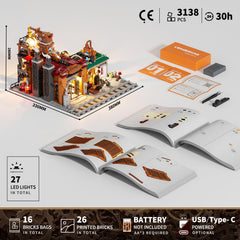 Lumibricks Steampunk Ore Factory crystal lamps adding warm glow to the scene.