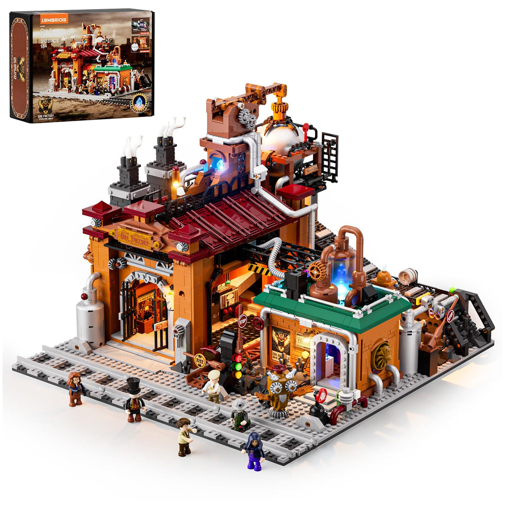 Lumibricks Steampunk Ore Factory front view for dramatic display with atmospheric lighting.