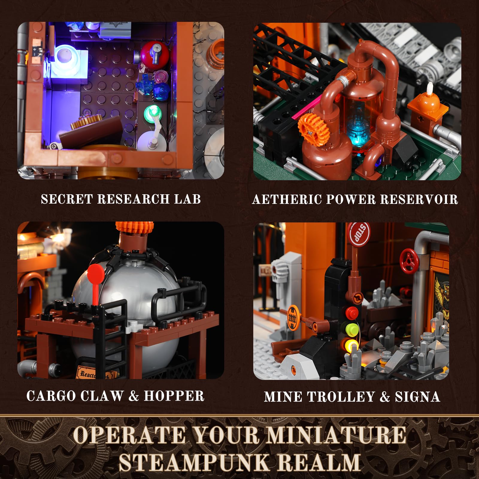 Lumibricks Steampunk Ore Factory minecart track showcasing interactive transport.
