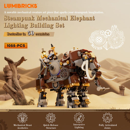 Lumibricks Steamphant LED lighting highlights emblem and energy cores for dramatic display.