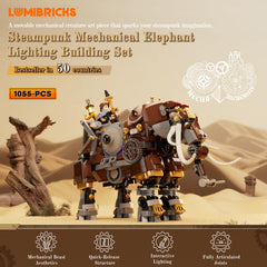 Lumibricks Steamphant LED lighting highlights emblem and energy cores for dramatic display.