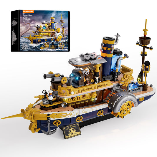 Lumibricks steampunk steamship lighting system with warm glow and neon accents.