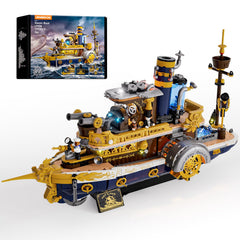 Lumibricks steampunk steamship lighting system with warm glow and neon accents.