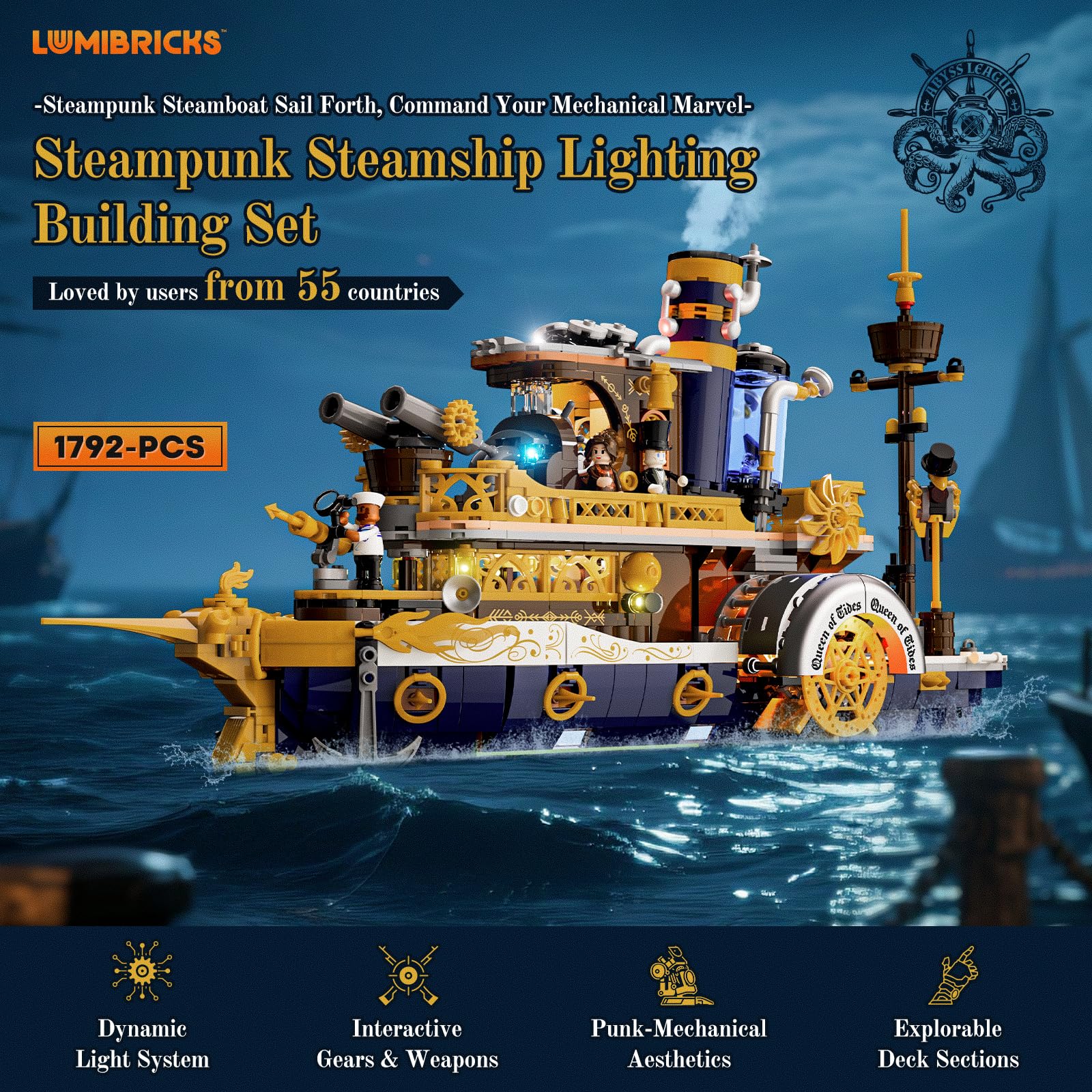 Lumibricks steampunk steamship paddle-wheels in motion showing intricate mechanism.