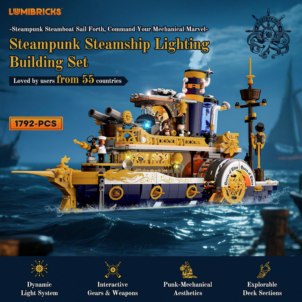 Lumibricks steampunk steamship paddle-wheels in motion showing intricate mechanism.
