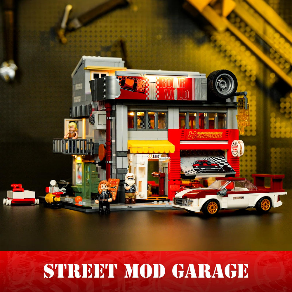 Lumibricks Street MOD Garage folding doors façade, perfect for showcasing interiors in dioramas.