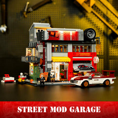 Lumibricks Street MOD Garage folding doors façade, perfect for showcasing interiors in dioramas.