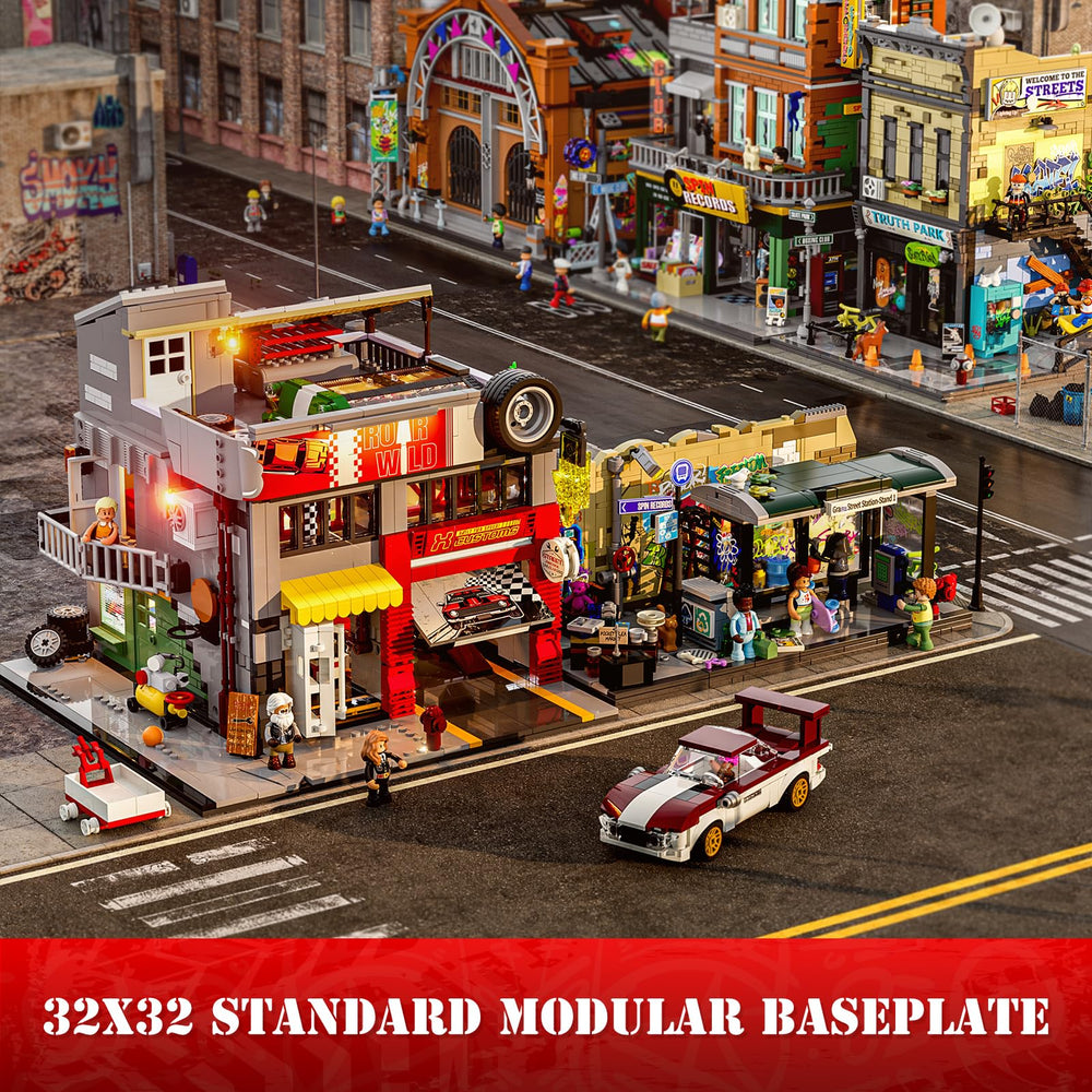 Lumibricks Street MOD COB LED lighting strip, enhances night-time workshop ambience.