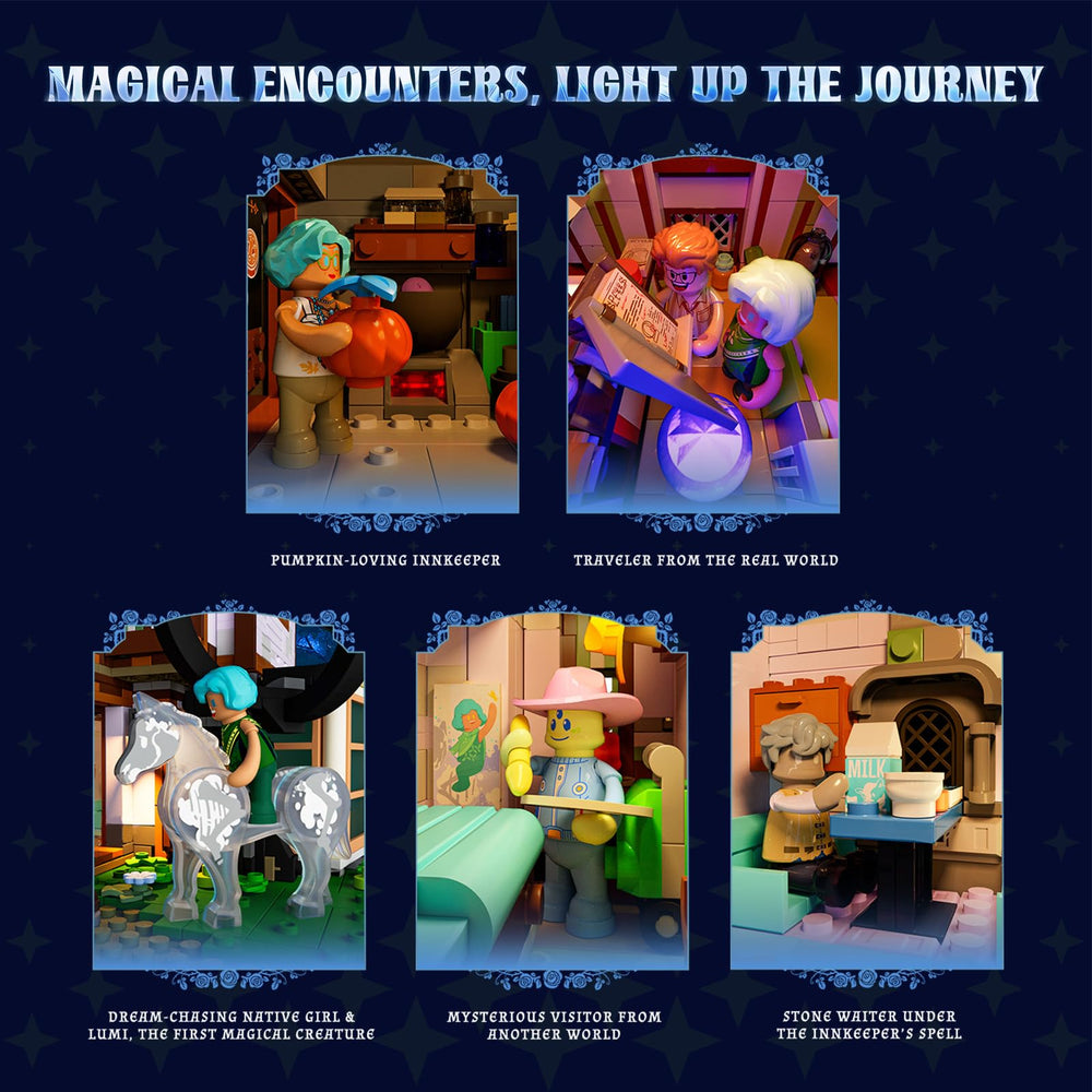 Lumibricks Sylvan-Inn blue candle flames add magical glow.