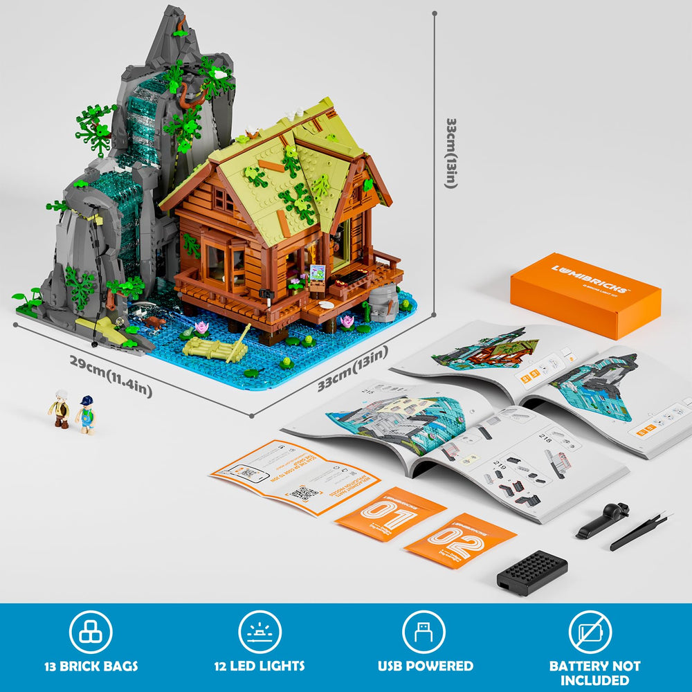 Lumibricks waterfall-cabin bamboo raft scene with water lanterns for interactive storytelling