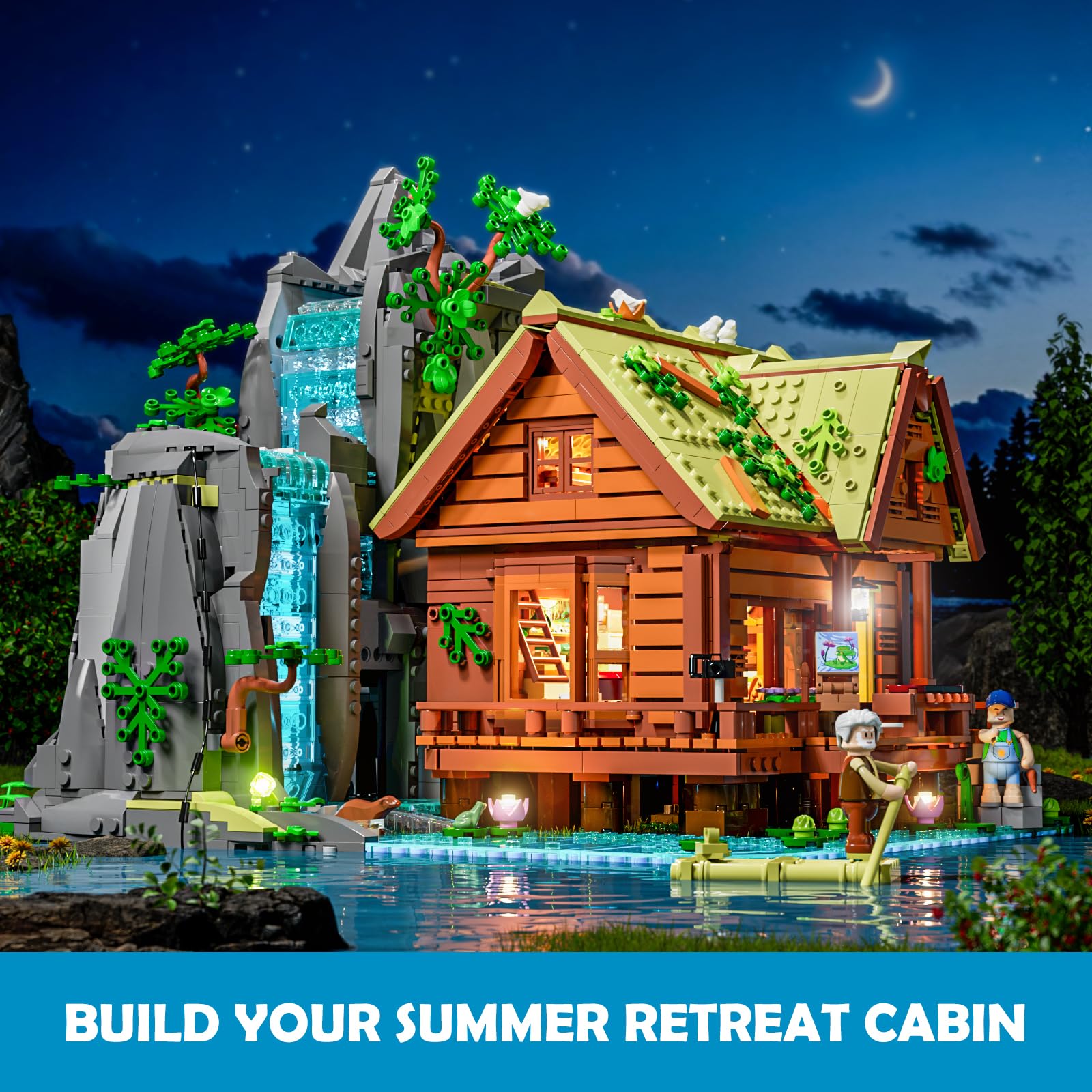 Lumibricks waterfall-cabin blue-water lights create dramatic night ambience