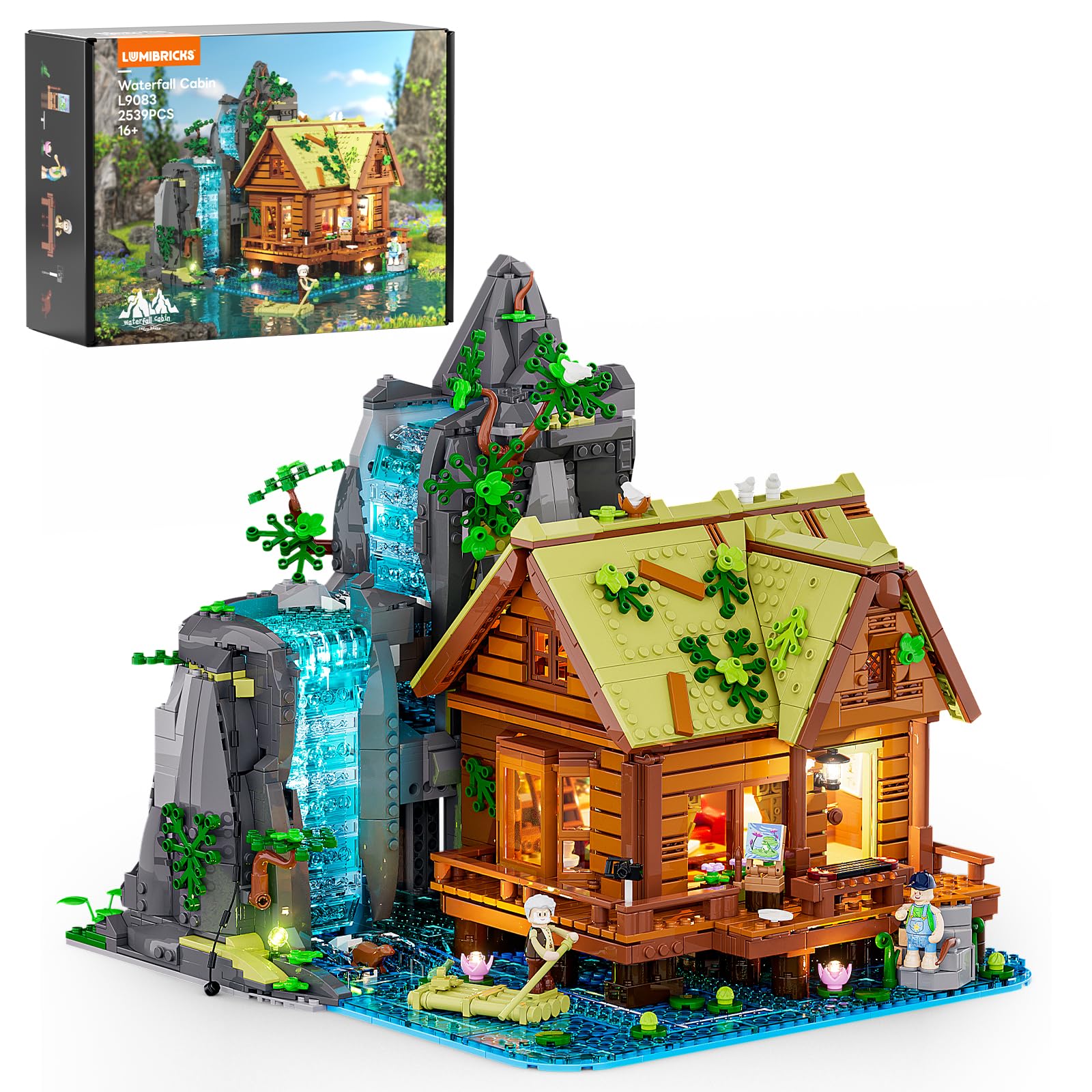 Lumibricks waterfall-cabin exterior view with cascading lights for cozy display ambiance