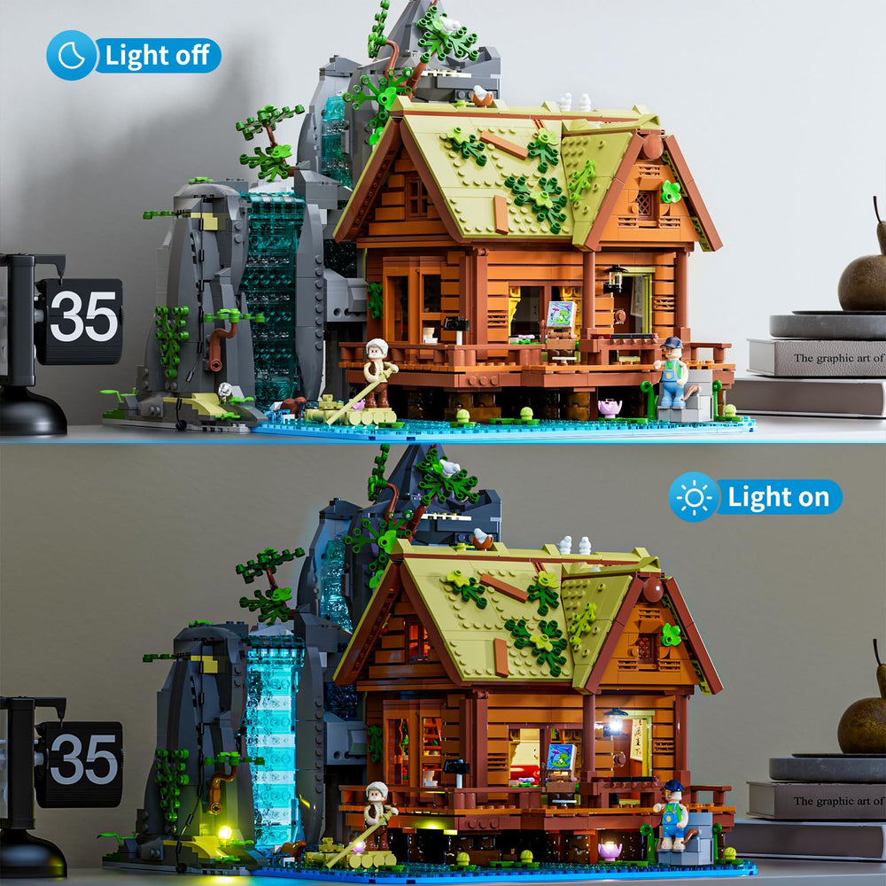 Lumibricks waterfall-cabin interior floor one featuring waterfront tea scene for relaxing displays