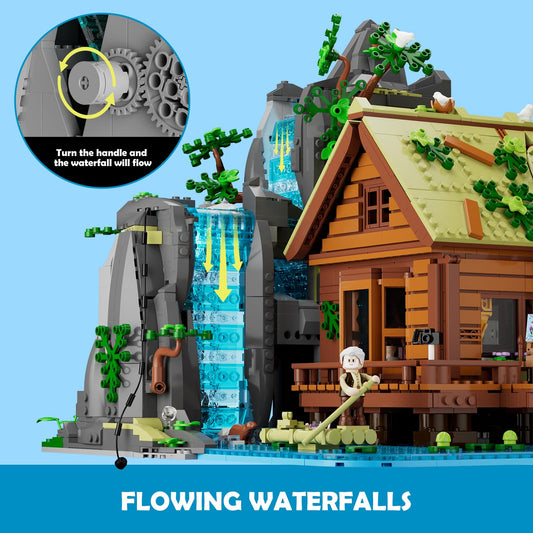 Lumibricks waterfall-cabin mechanism close-up showing interactive crank motion