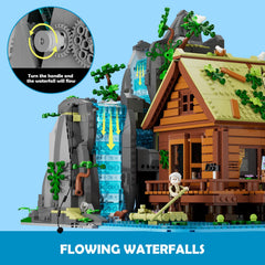 Lumibricks waterfall-cabin mechanism close-up showing interactive crank motion