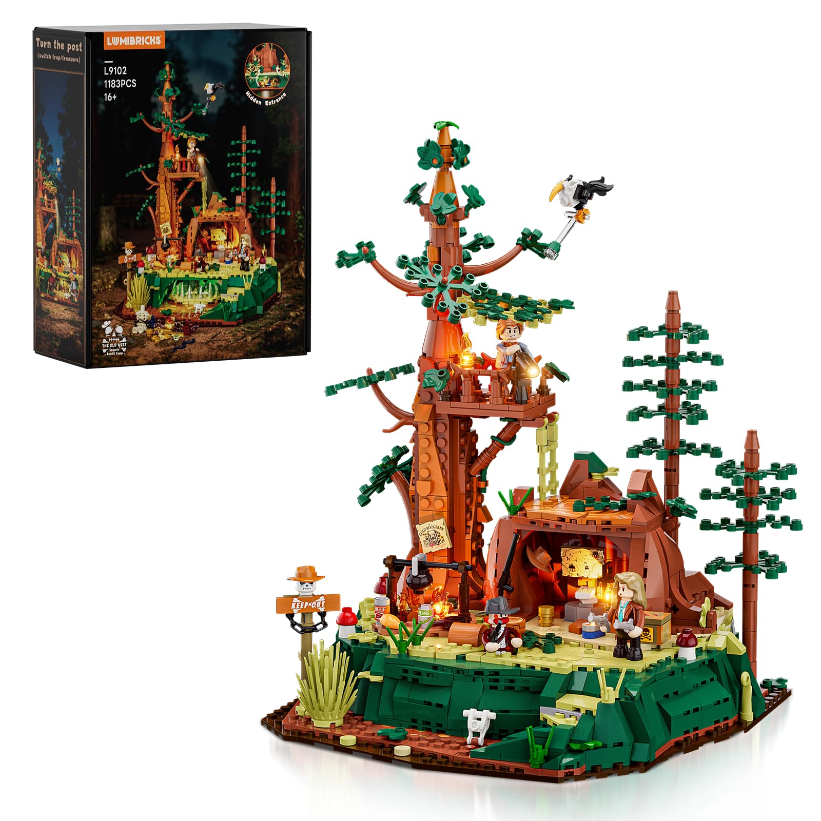 Lumibricks Western Sequoia bandit outpost front view for dramatic diorama display