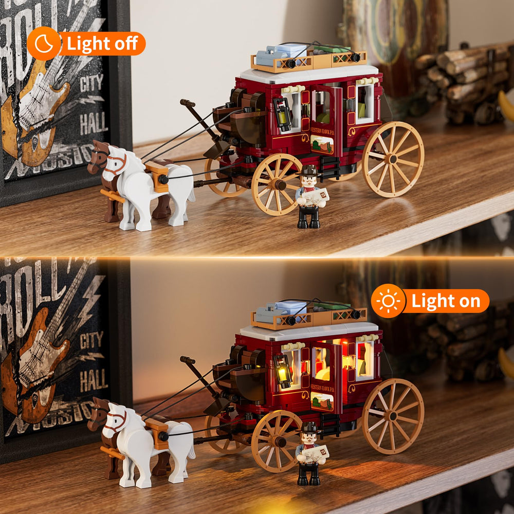 Lumibricks Western Stagecoach Horses bring authentic Wild West dynamics to dioramas.