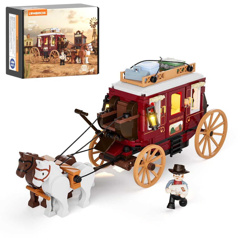 Lumibricks Western Stagecoach Lighting Set showcases a detailed stagecoach for display and play.